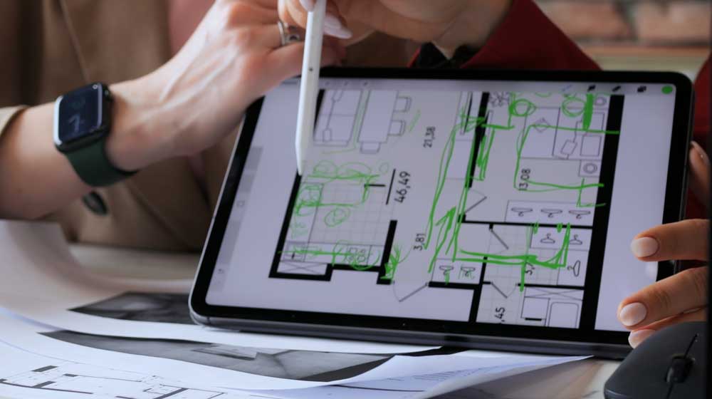 Two architects reviewing house plans on a tablet