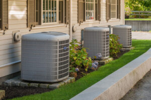 Three exterior air conditioning units outside of a Texas office building