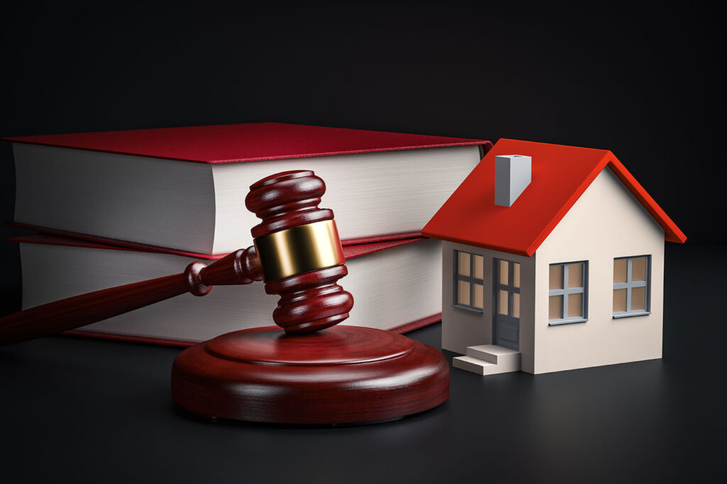 Graphics of 2 books, a hammer & gavel and small house on a black background.
