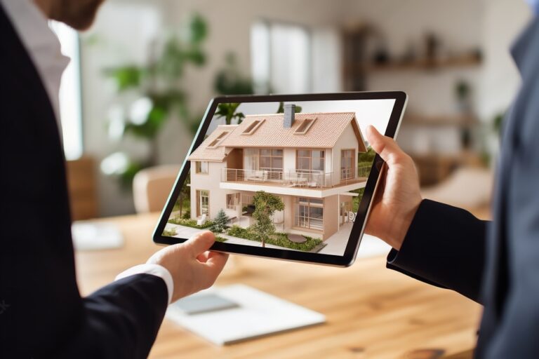 A realtor holds a tablet showing a virtual house tour.