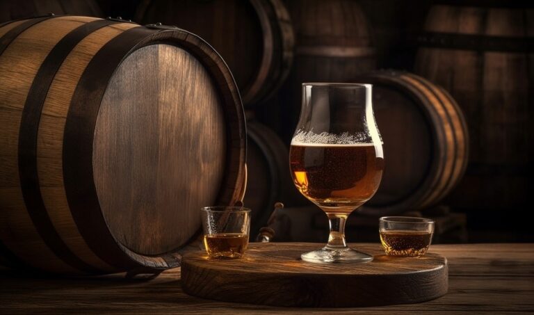 Wooden barrel holds dark whiskey