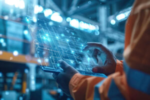 Engineer standing in front of virtual diagram