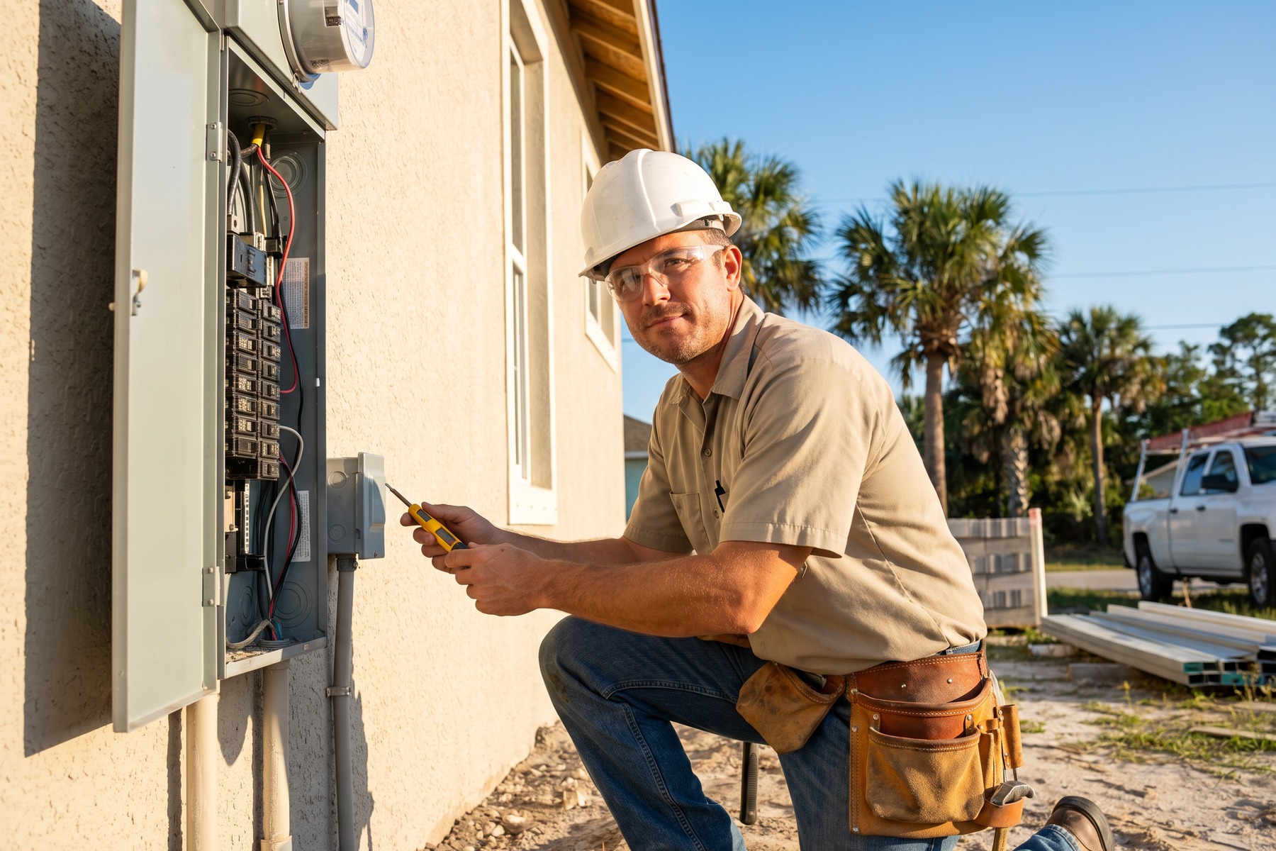 Licensed Florida electrical contractor inspecting an outdoor electrical panel at a commercial building
