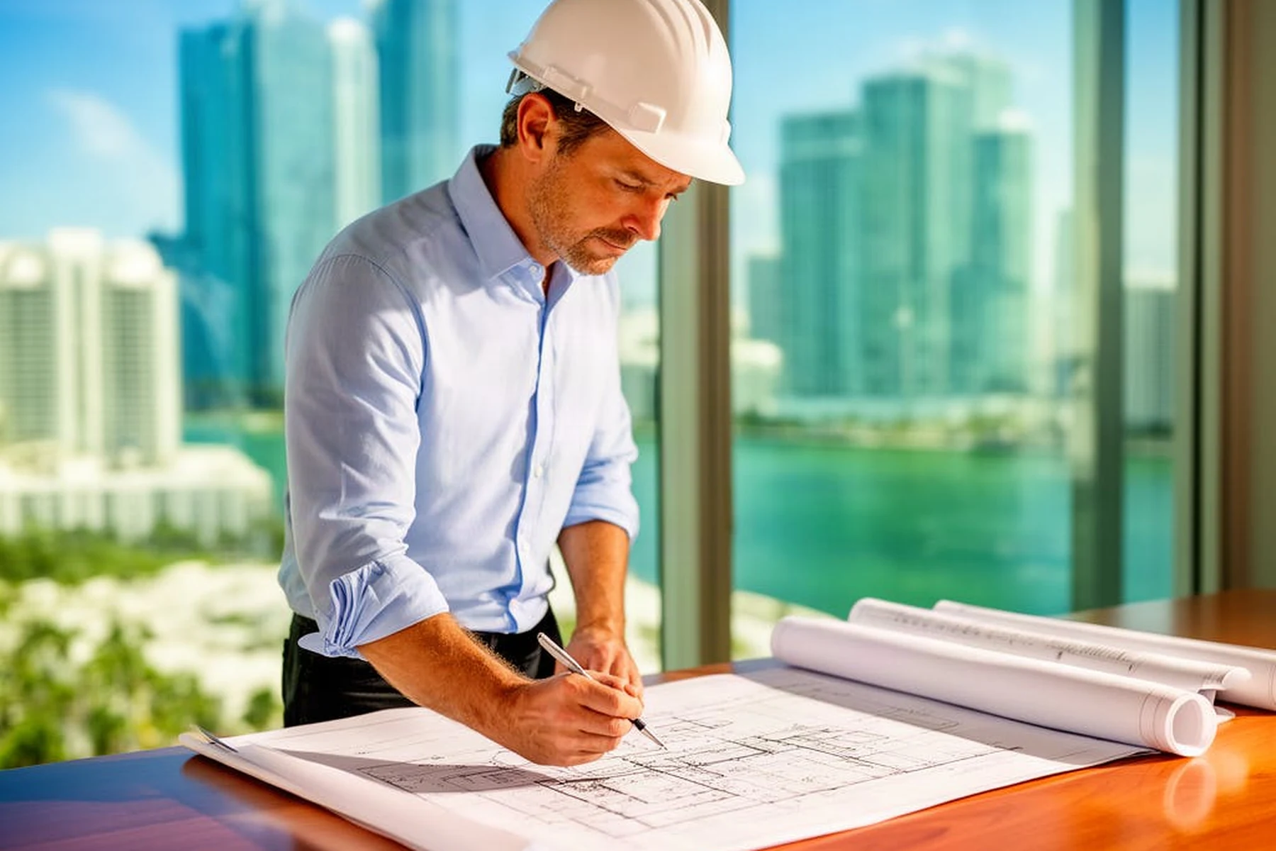 Florida professional engineer reviewing technical plans in a bright waterfront office