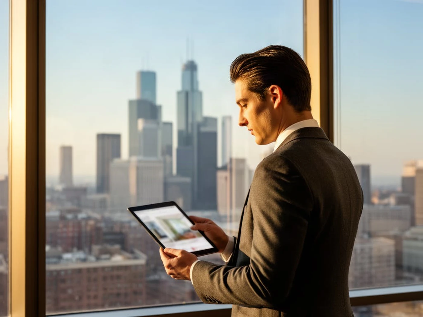 Real estate professional reviewing a listing on a tablet with a city skyline in the background