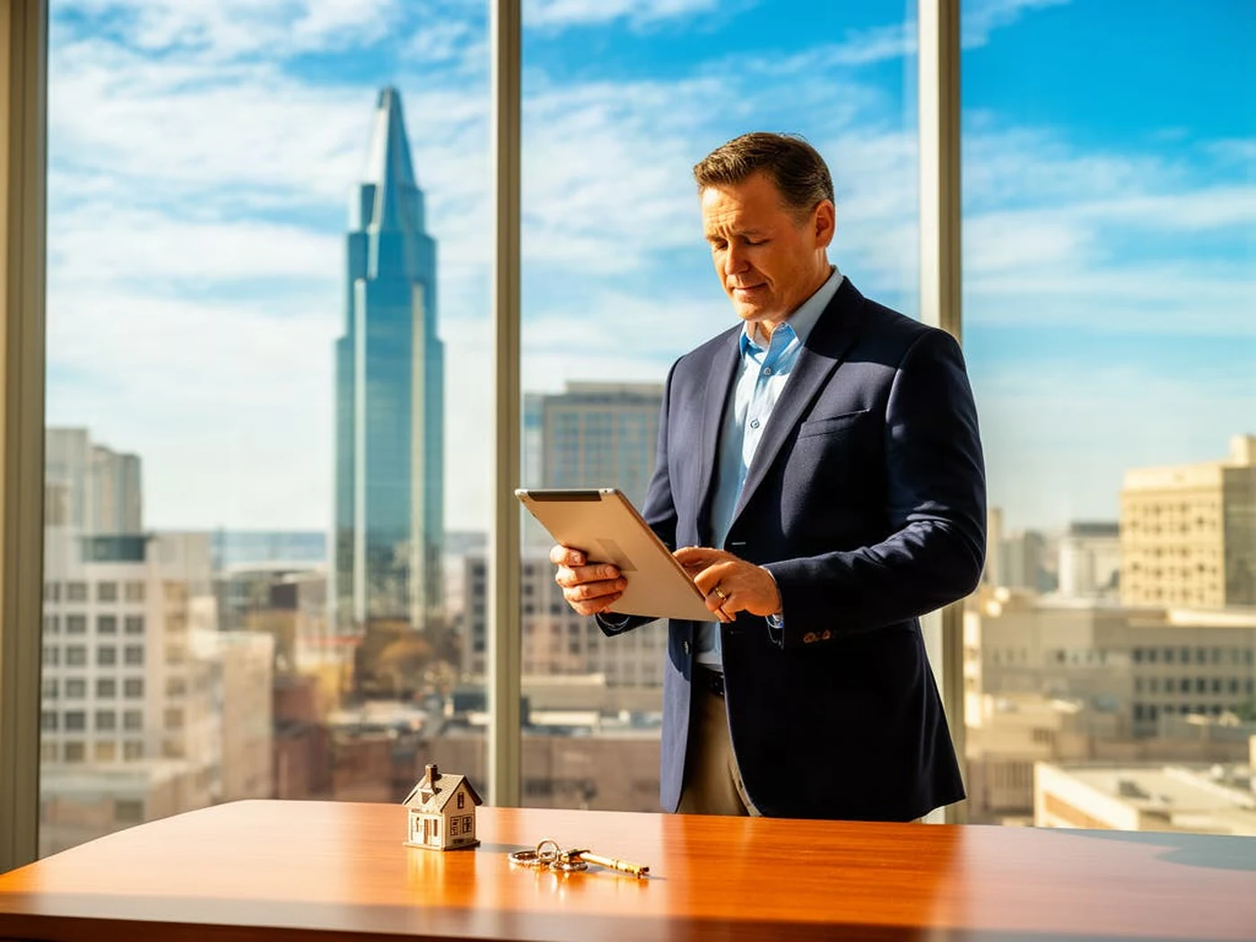 Real estate professional reviewing a listing with the Oklahoma City skyline in the background