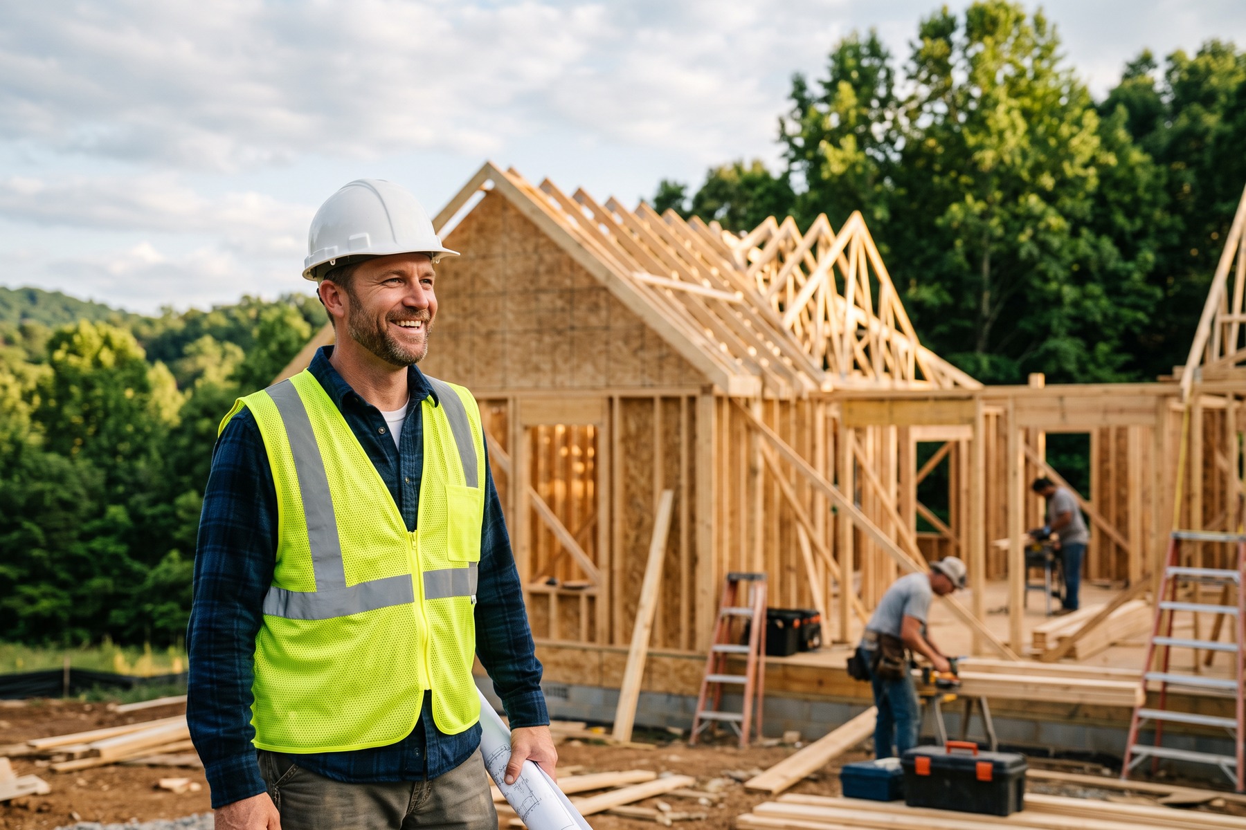 Licensed Tennessee residential contractor reviewing plans at a home construction site