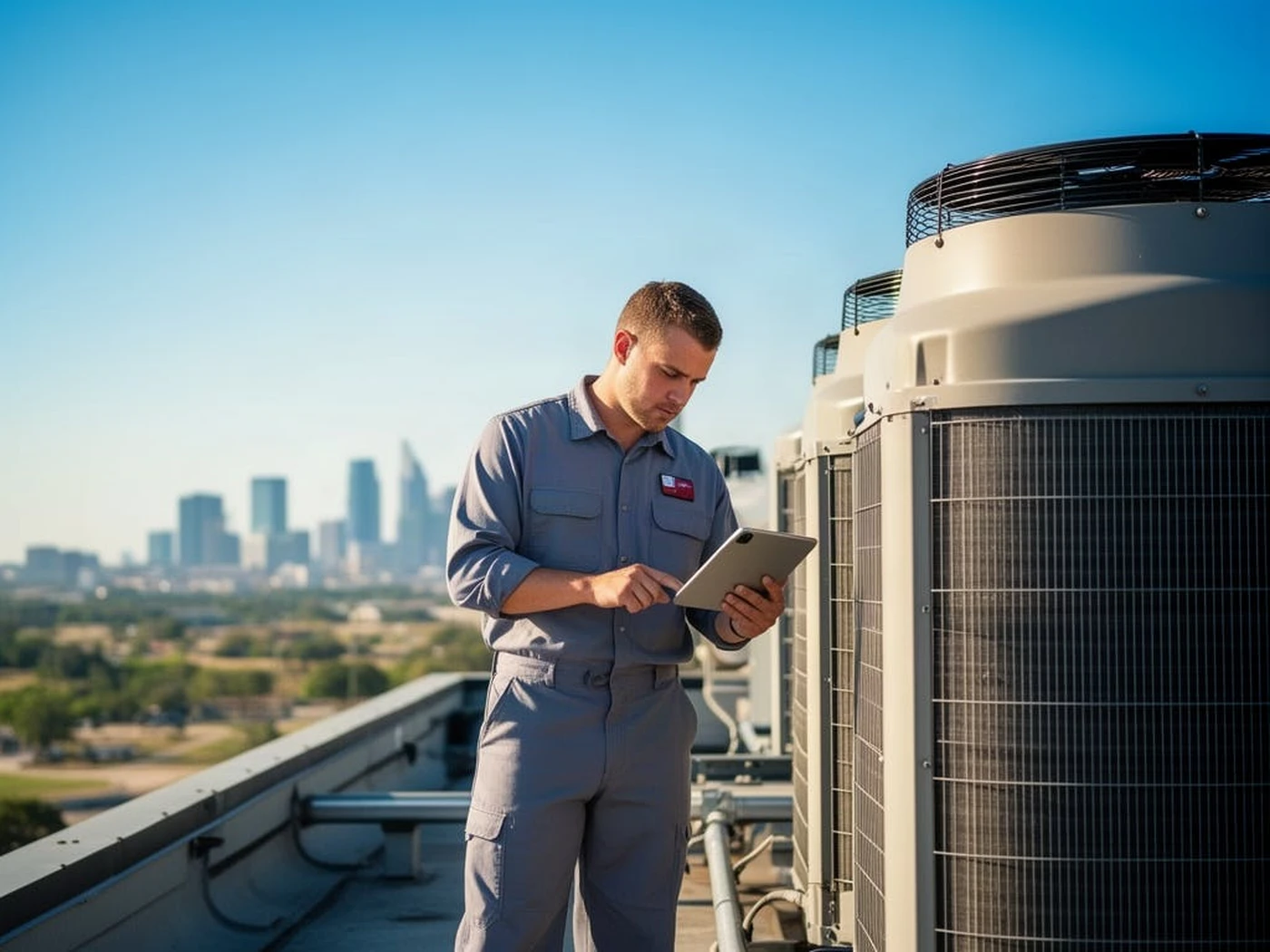 HVAC technician inspecting a rooftop air conditioning unit with a city skyline in the background