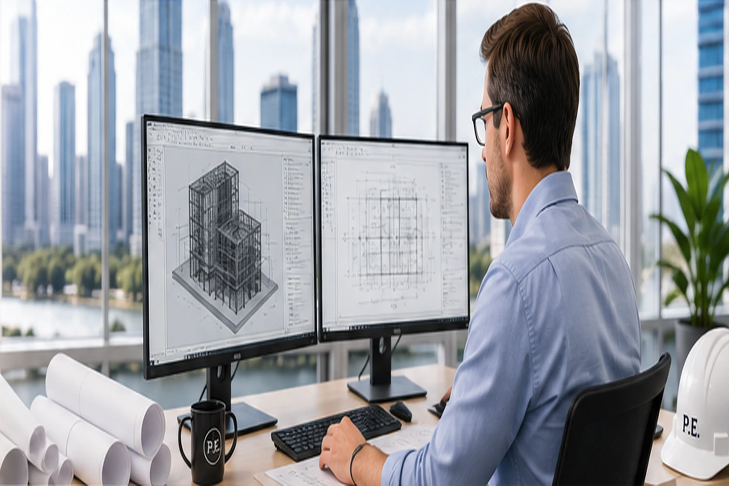 Architecture professional working with building plans in a modern office