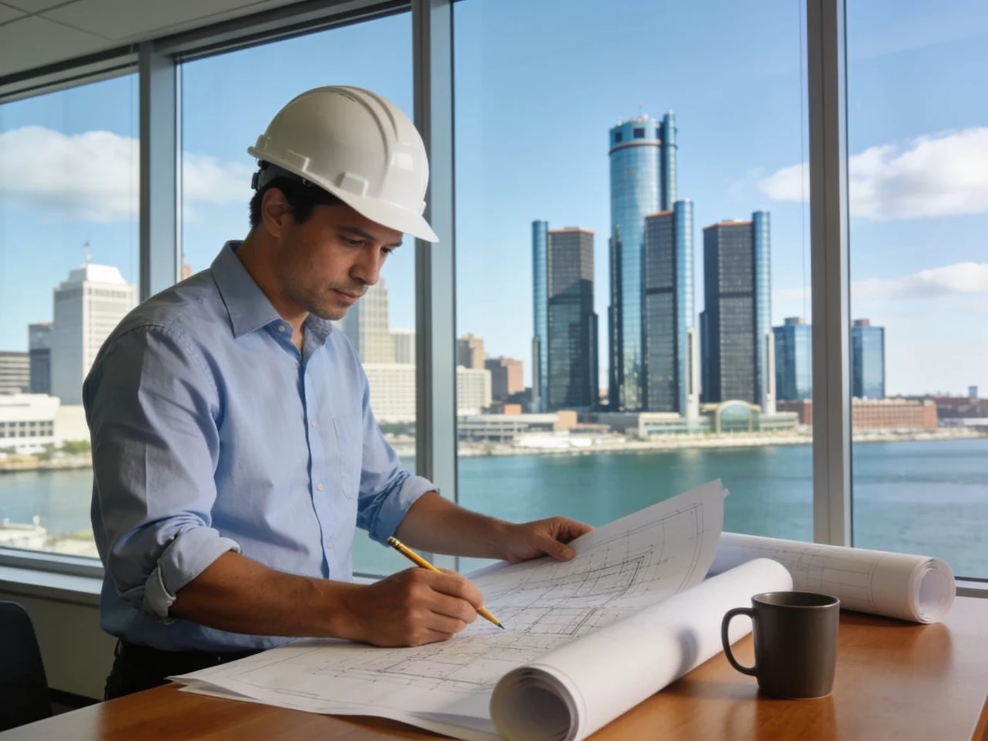 Professional engineer reviewing technical plans for Michigan engineering work