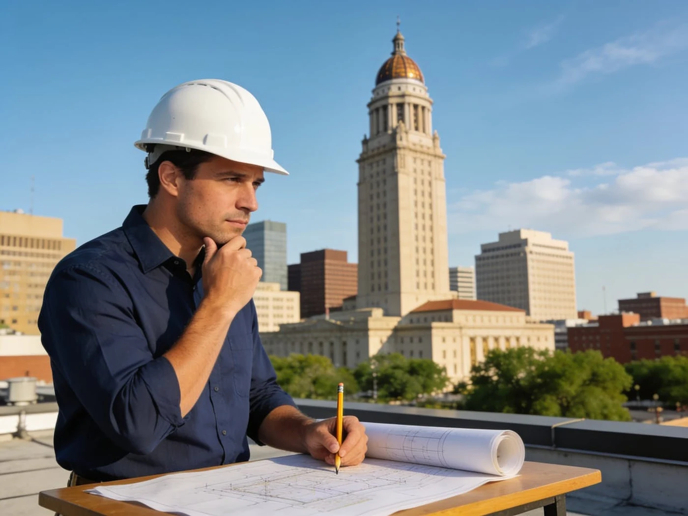 Professional engineer reviewing technical plans for Nebraska engineering work