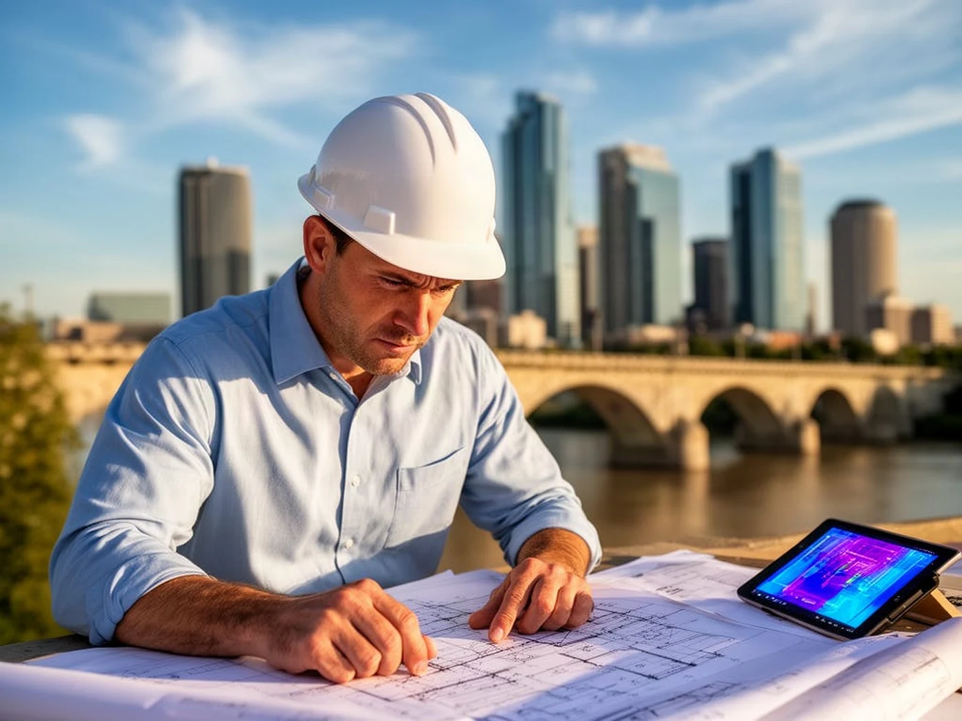 Professional engineer reviewing technical plans for Ohio engineering work