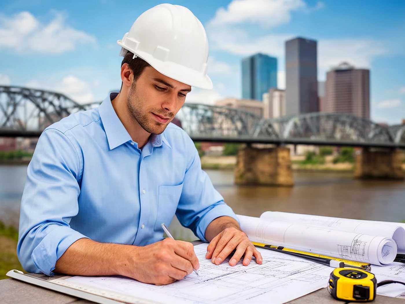 Professional engineer reviewing technical plans for Virginia engineering work