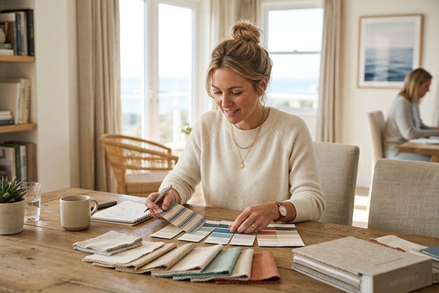 Interior designer reviewing paint color swatches and fabric samples at a bright wooden studio table