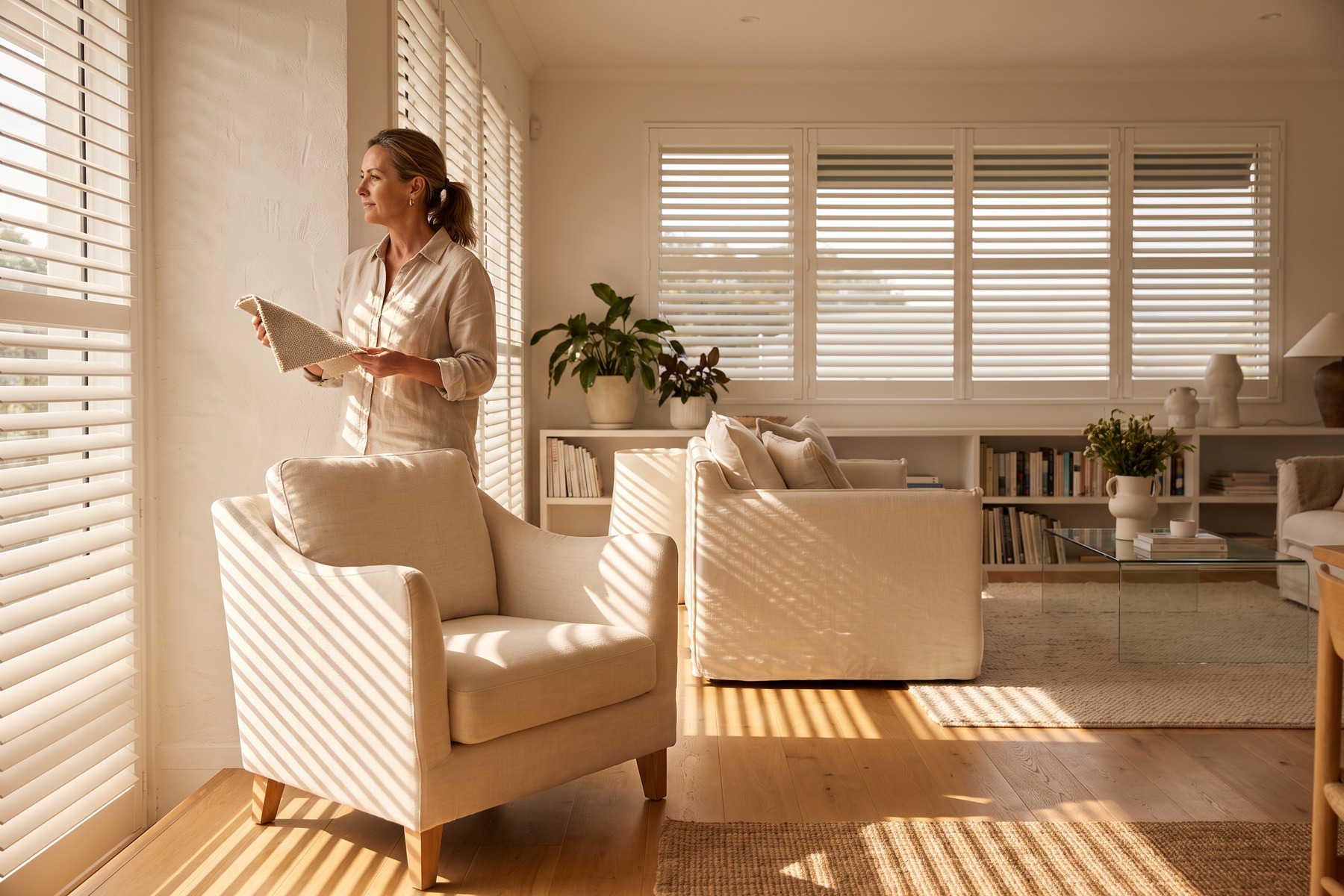 Interior designer studying dramatic afternoon sunlight and shadow patterns cast by window blinds across a living room