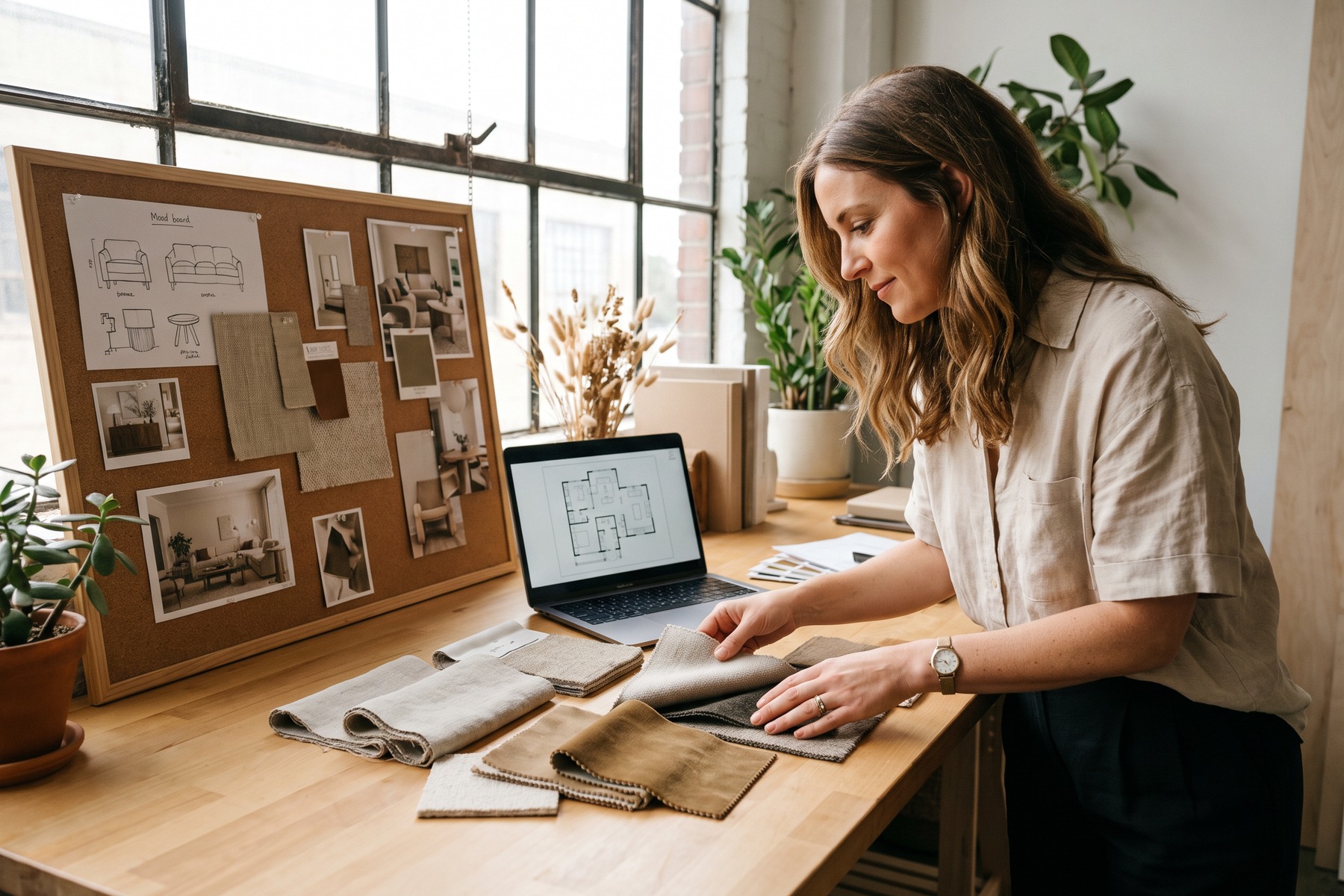 Interior designer reviewing a furniture mood board and fabric swatches beside a laptop with a floor plan