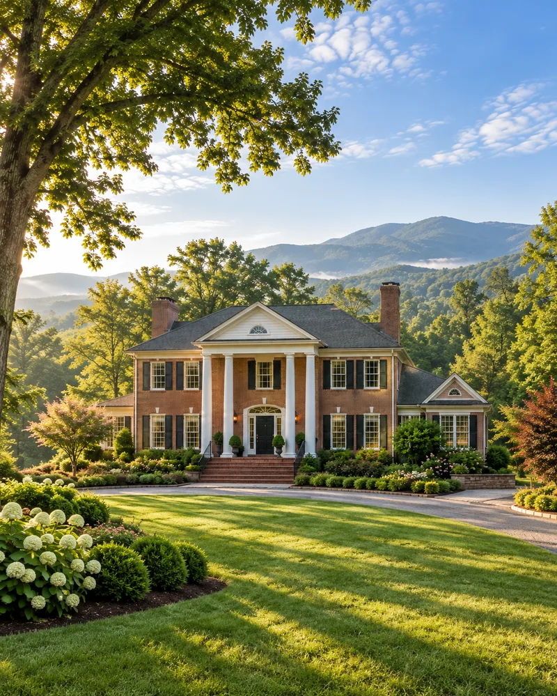 A stately brick colonial home with a landscaped lawn and Blue Ridge Mountains in the background