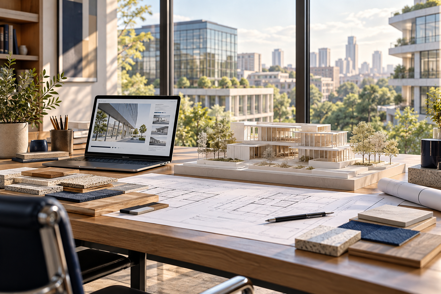 Architectural model, plans and laptop on a sunlit studio desk overlooking modern buildings