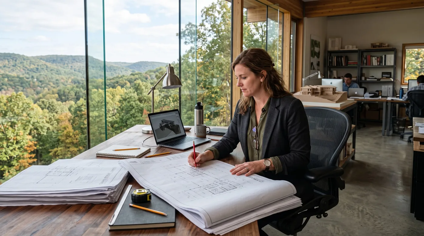 Architect at a standing desk marking up a floor plan with a red pencil, laptop showing a 3D building model, overlooking forested Ozark hills through a glass wall