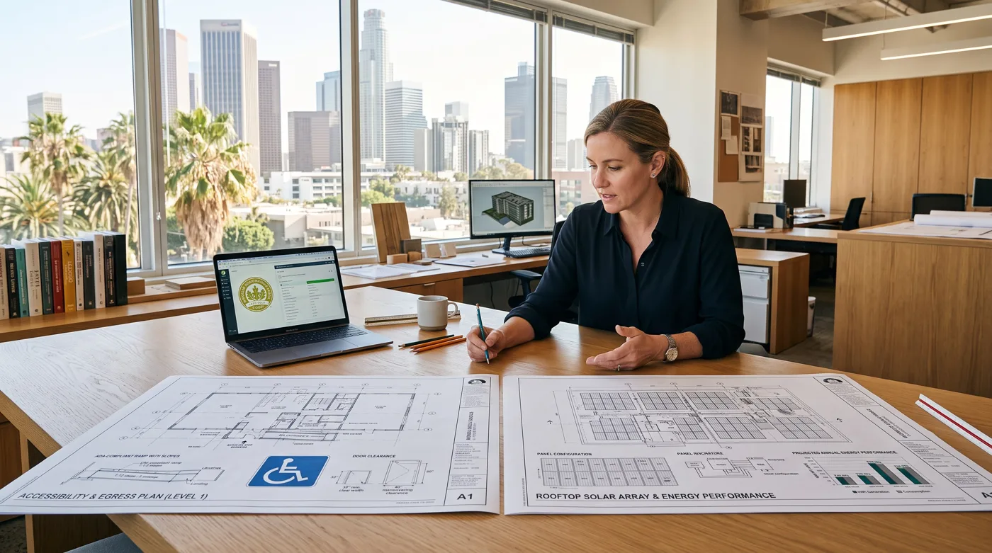 Architect at a desk reviewing two sets of building plans side by side — an accessibility and egress plan with a wheelchair-accessible ramp and door-clearance details, and a rooftop solar array and energy-performance plan — with the Los Angeles skyline and palm trees visible through the office windows