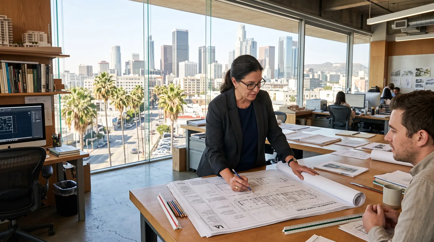 Architect marking up a residential tower floor plan at a desk with a colleague, palm-lined downtown Los Angeles street and skyline visible through the office windows
