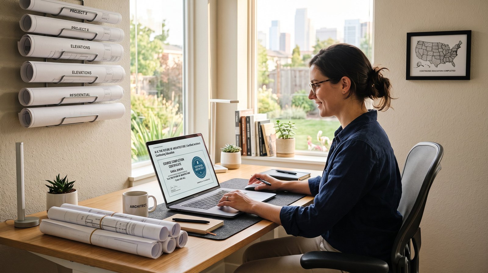 Architect at a home-office desk completing a self-paced online continuing education course, with a course-completion certificate on the laptop screen, rolled blueprints on the wall, and a framed US map print reading “Continuing Education Completed”