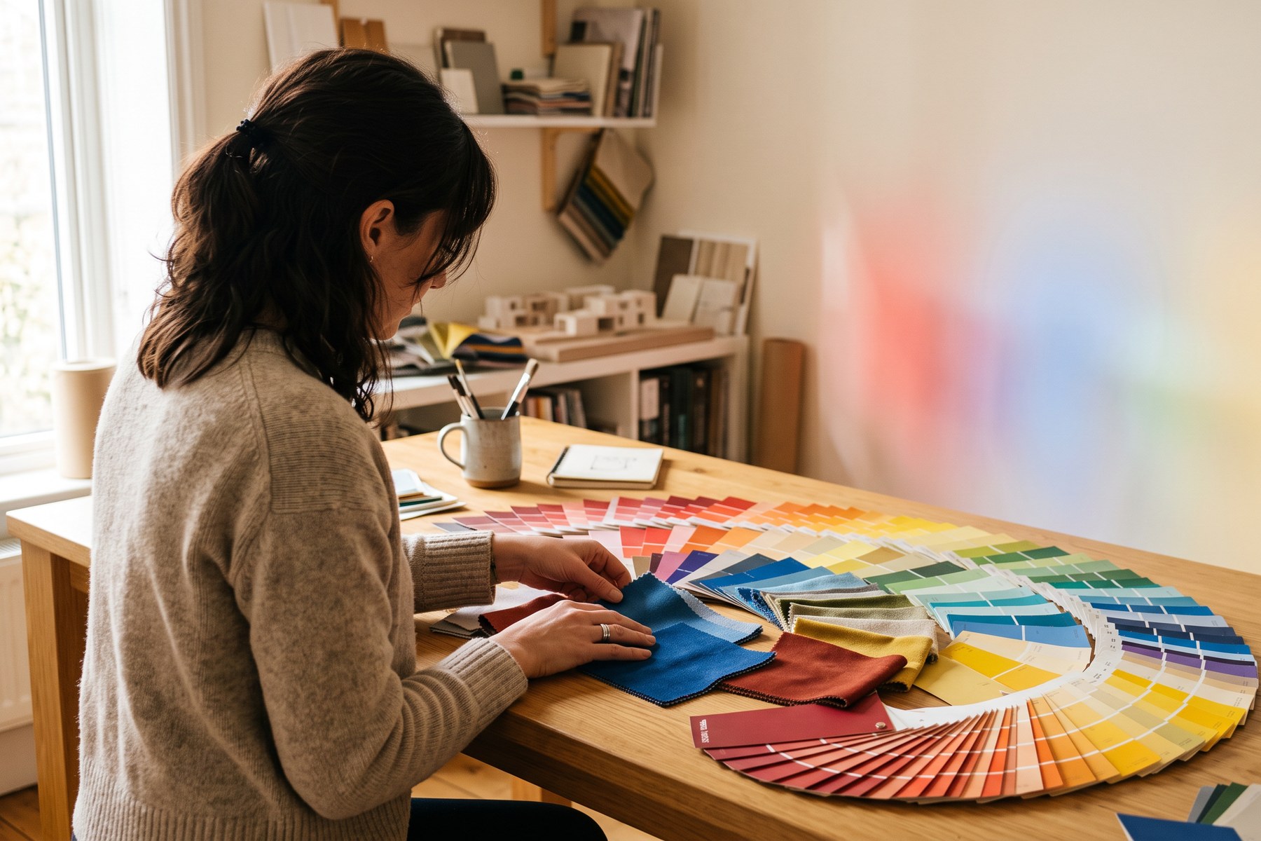 Interior designer studying an arc of vivid paint chips and fabric color swatches spread across a wooden studio table, with soft colored light reflecting on the wall behind