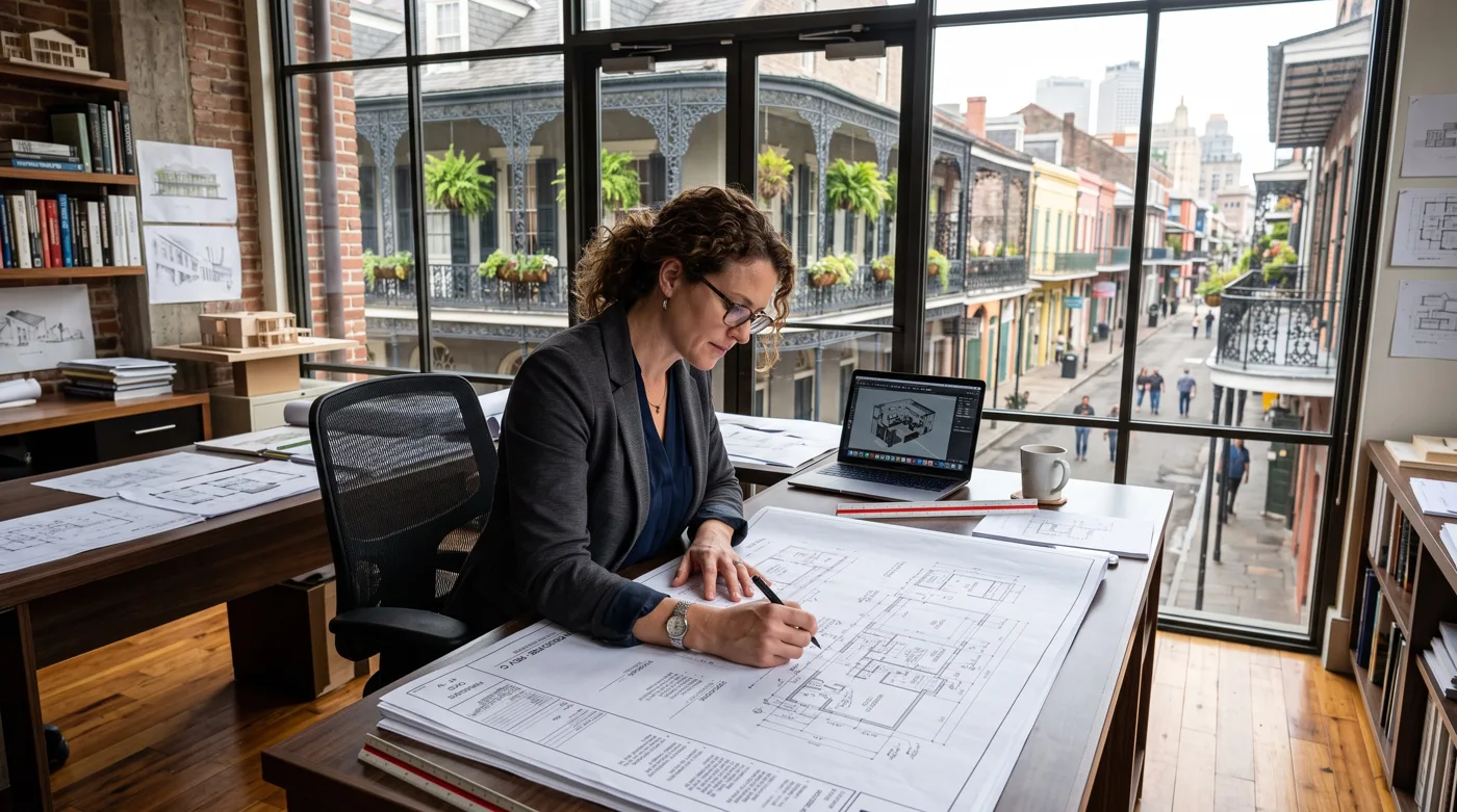 Architect at a desk reviewing a floor plan on paper and laptop, overlooking a New Orleans French Quarter street lined with wrought-iron balconies and hanging plants
