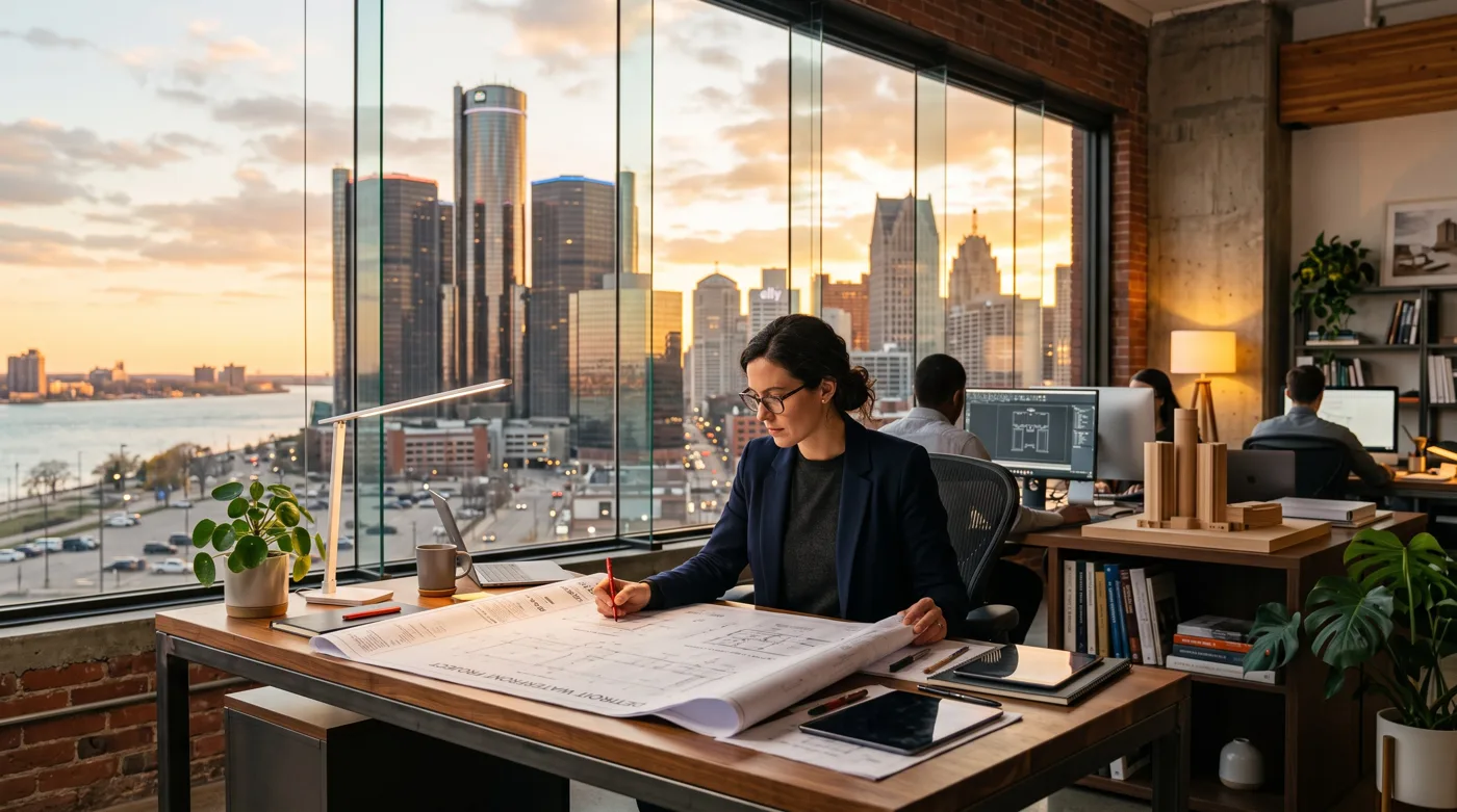 Architect at a desk reviewing waterfront blueprints at sunset with the Detroit skyline and Renaissance Center towers glowing across the river outside floor-to-ceiling windows