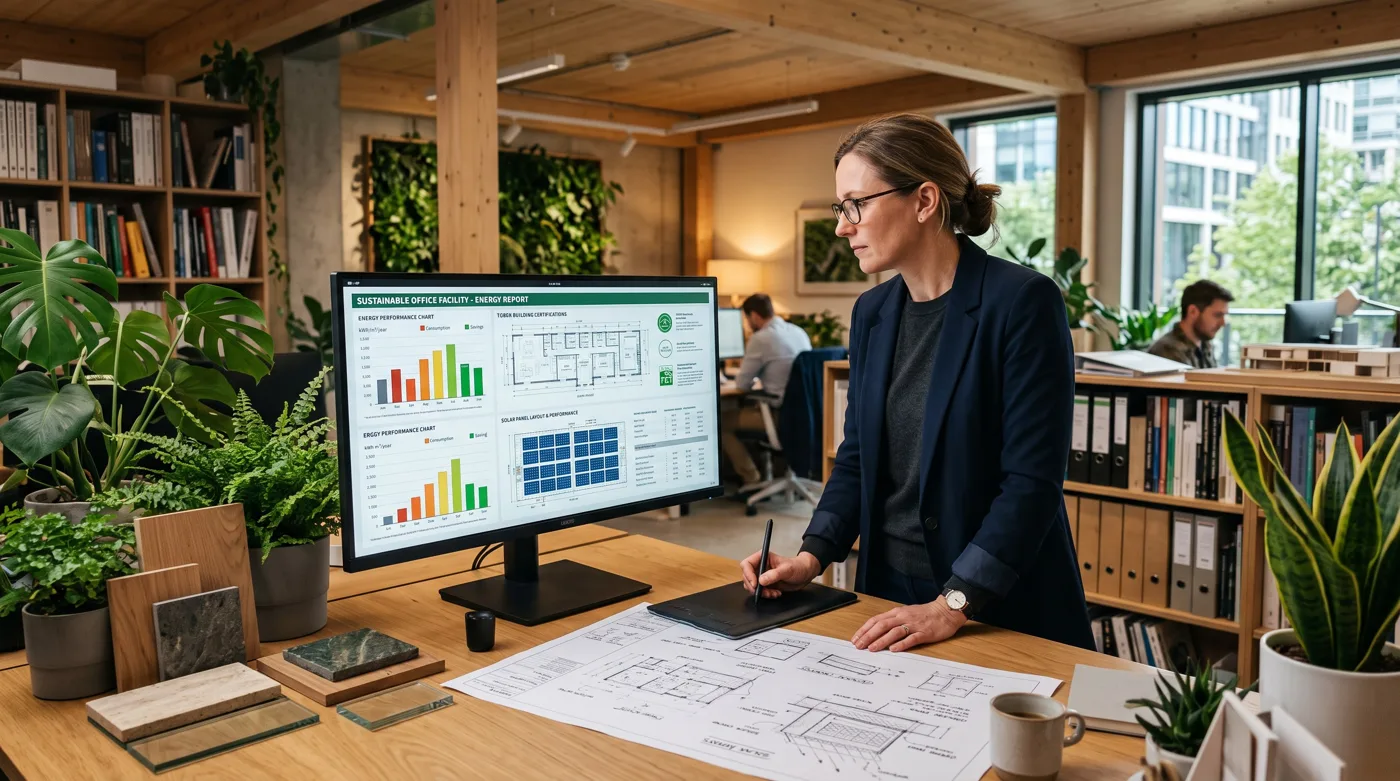 Architect at a standing desk reviewing a sustainable office facility energy report on a wide monitor, showing energy performance charts and a solar panel layout, in a plant-filled wood-beamed studio