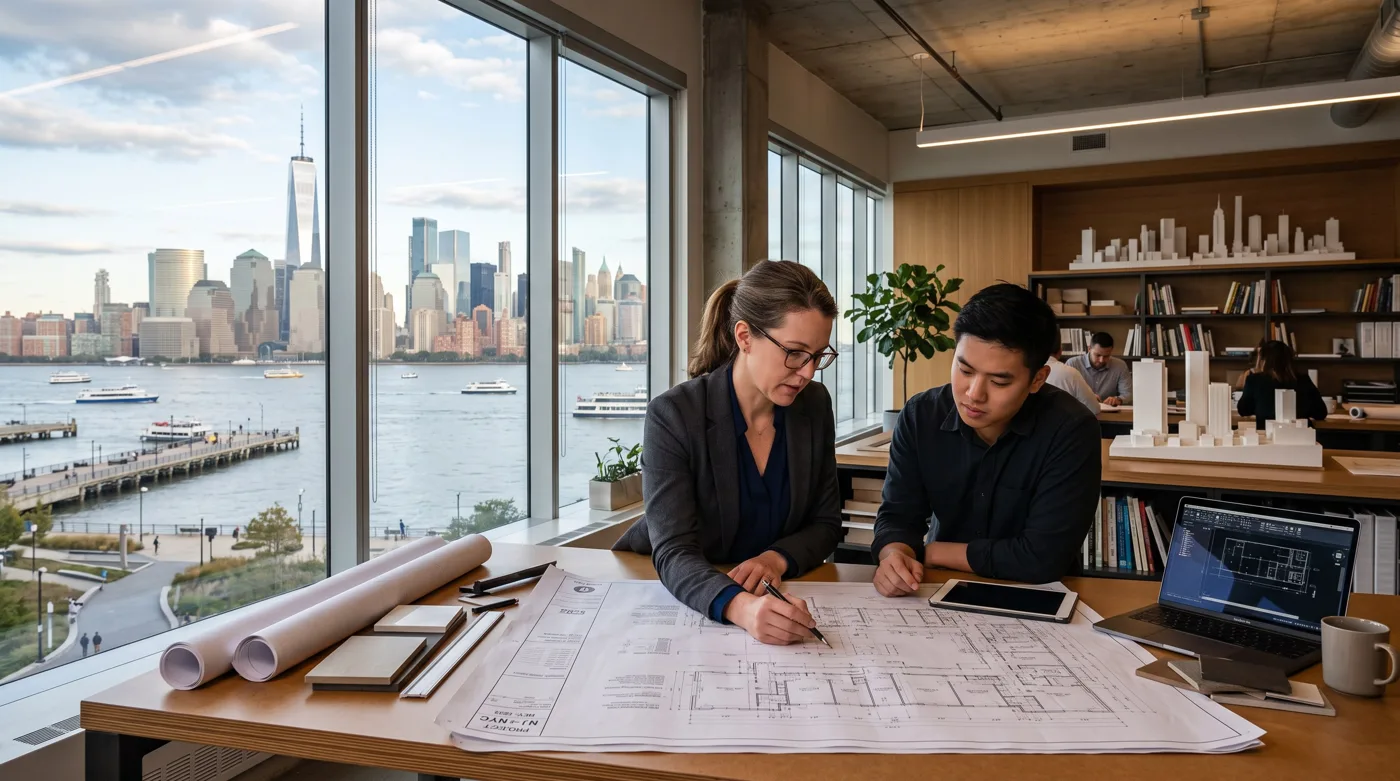 Two architects reviewing a floor plan together at a desk overlooking the Hudson River, with the Lower Manhattan skyline and One World Trade Center visible across the water