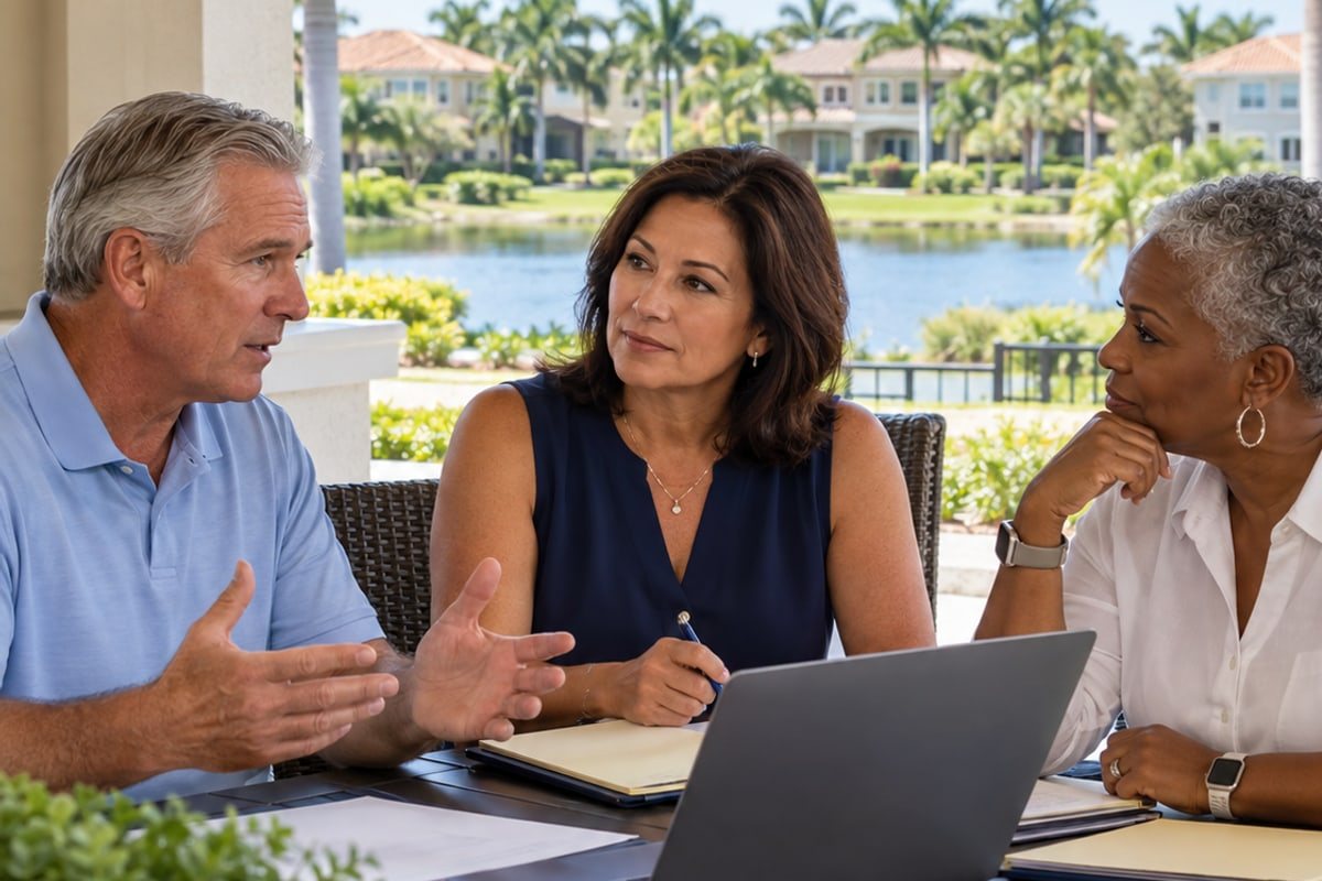 Florida HOA directors planning a meeting and discussing insurance protection