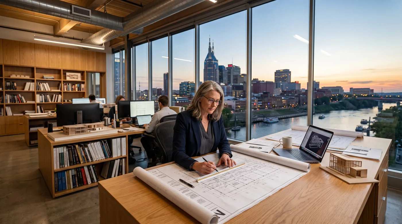 Architect reviewing a rolled-out blueprint at a desk at dusk, with the Nashville skyline and the AT&T Building's twin spires visible along the riverfront through the windows