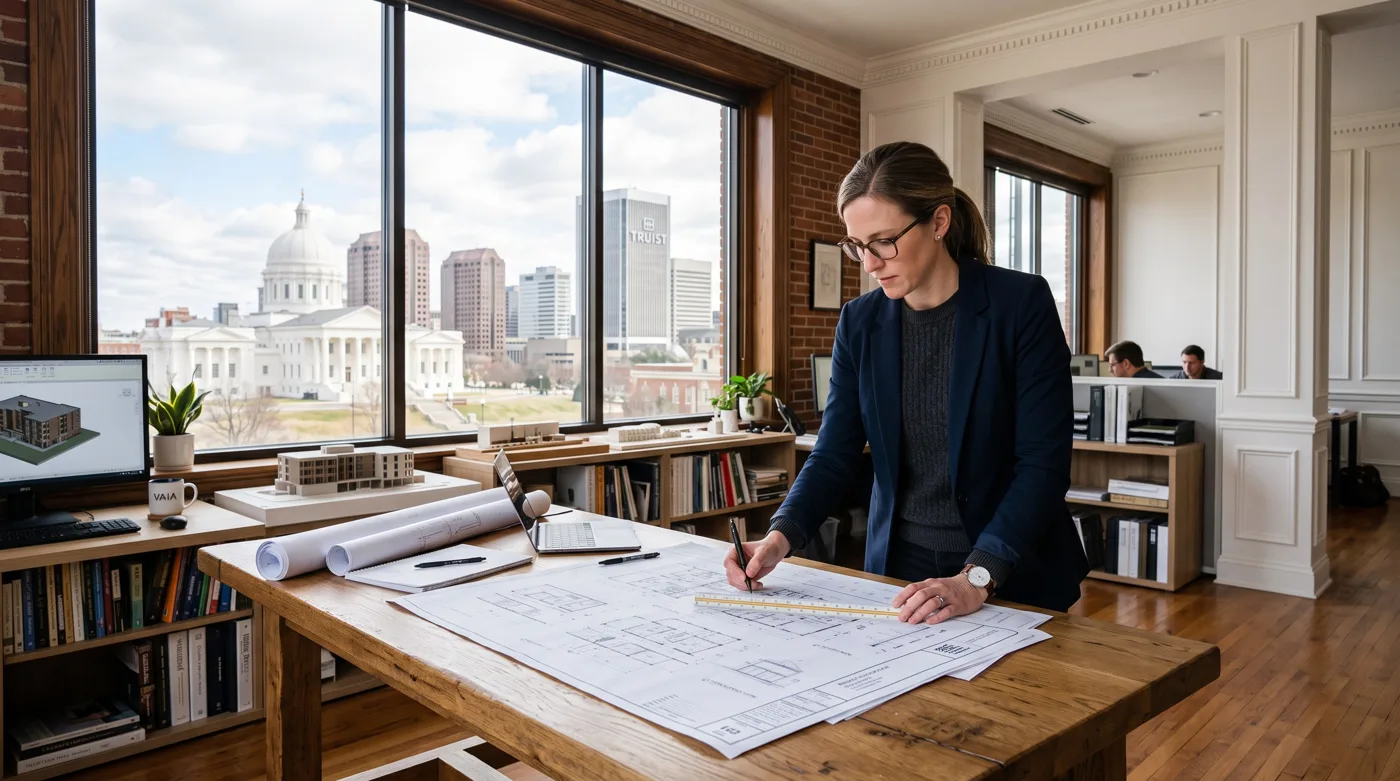 Architect standing at a desk marking up a floor plan with a ruler, the Richmond skyline including the state capitol dome and a downtown office tower visible through the windows
